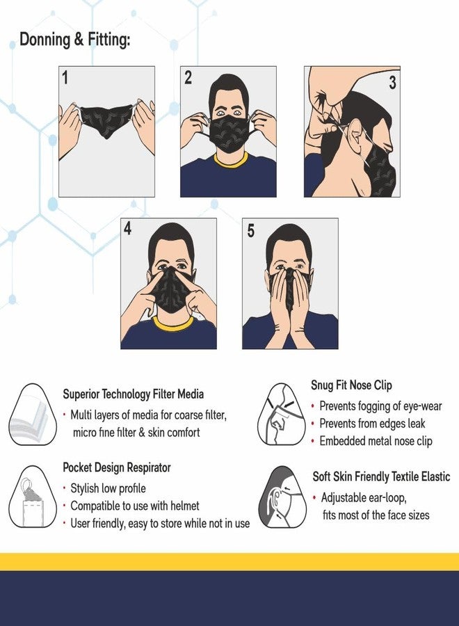 فينوس - في-شواس لايت+ - كمامة وجه مضادة للتلوث للجنسين - معتمدة من معهد المواصفات والمقاييس الهندي (ISI)، تصميم قابل للطي يسهل التنفس بكفاءة ترشيح 98.5%، مزودة بحلقات للأذن - أسود - عبوة من 16 كمامة - Image 3
